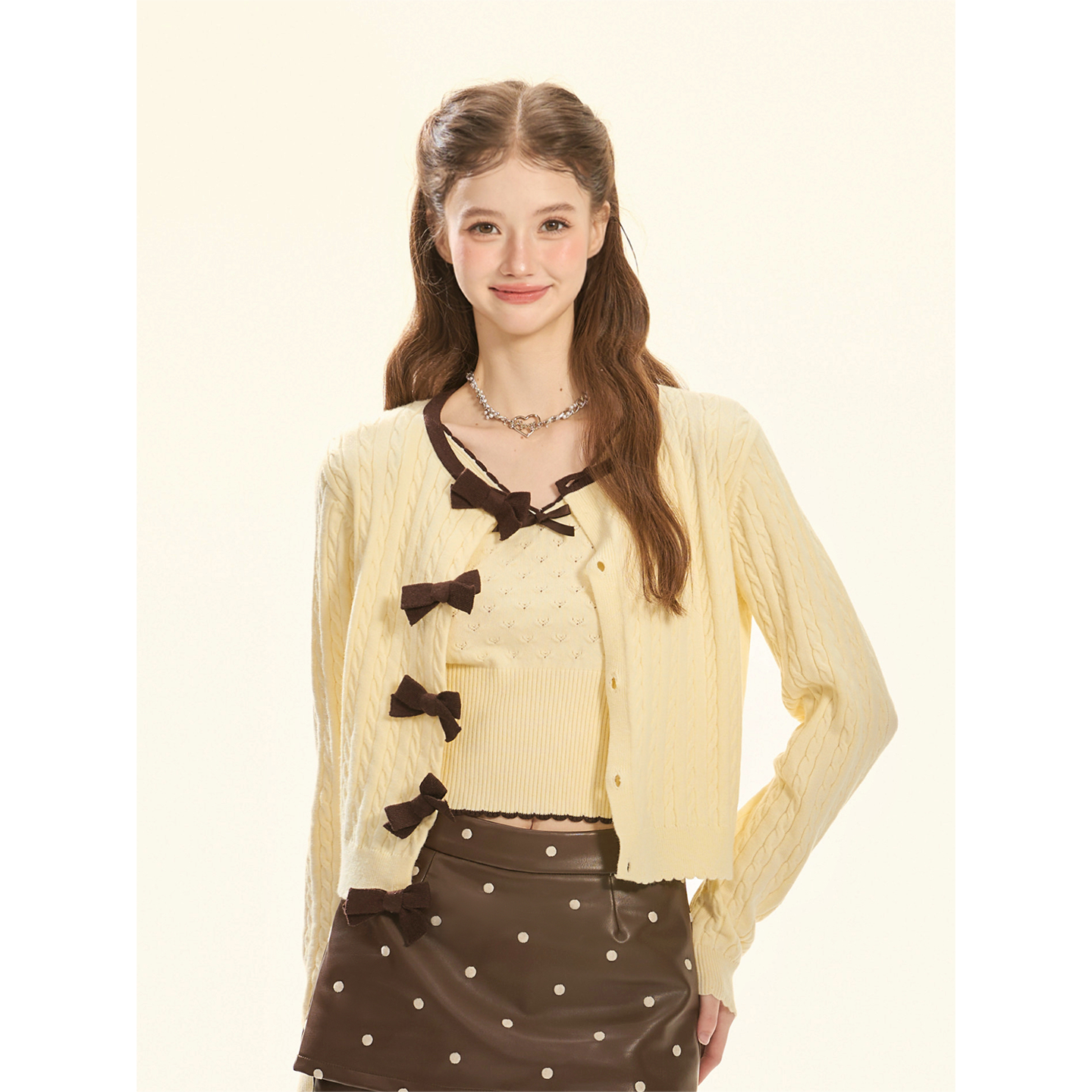 Cream Yellow Bow Camisole & Cardigan